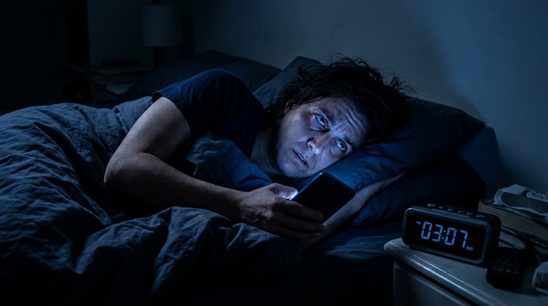 Person lying awake in a dark bedroom at night